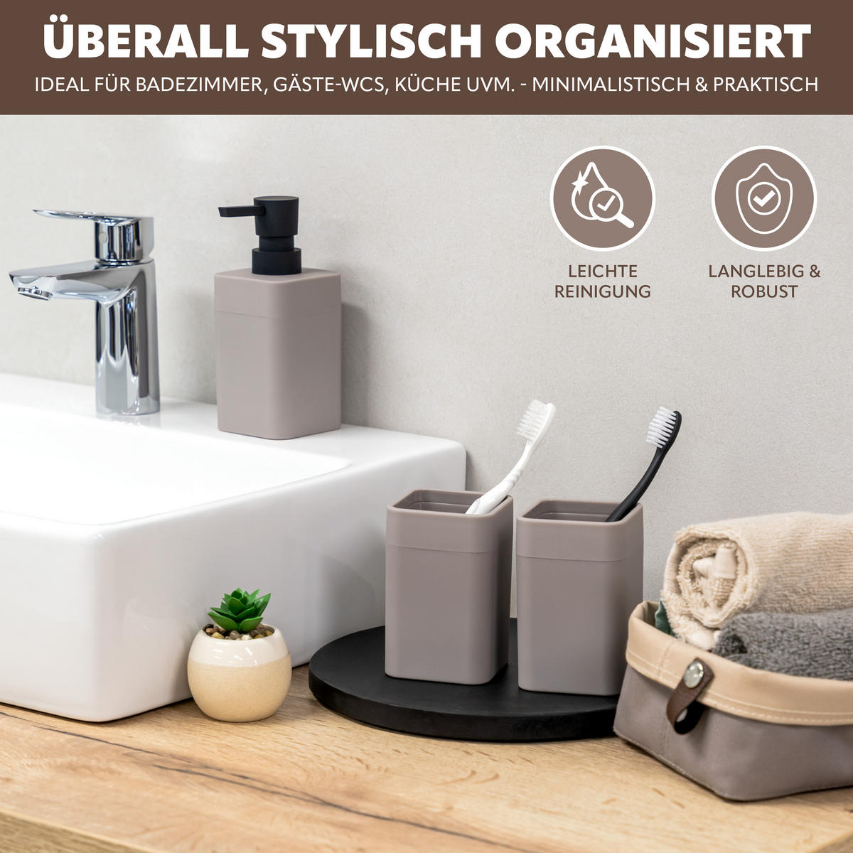 BADEZIMMER-SET SAVONA, Soft-Touch, taupe, eckig - Taupe, Kunststoff (7/16/9cm) - bremermann