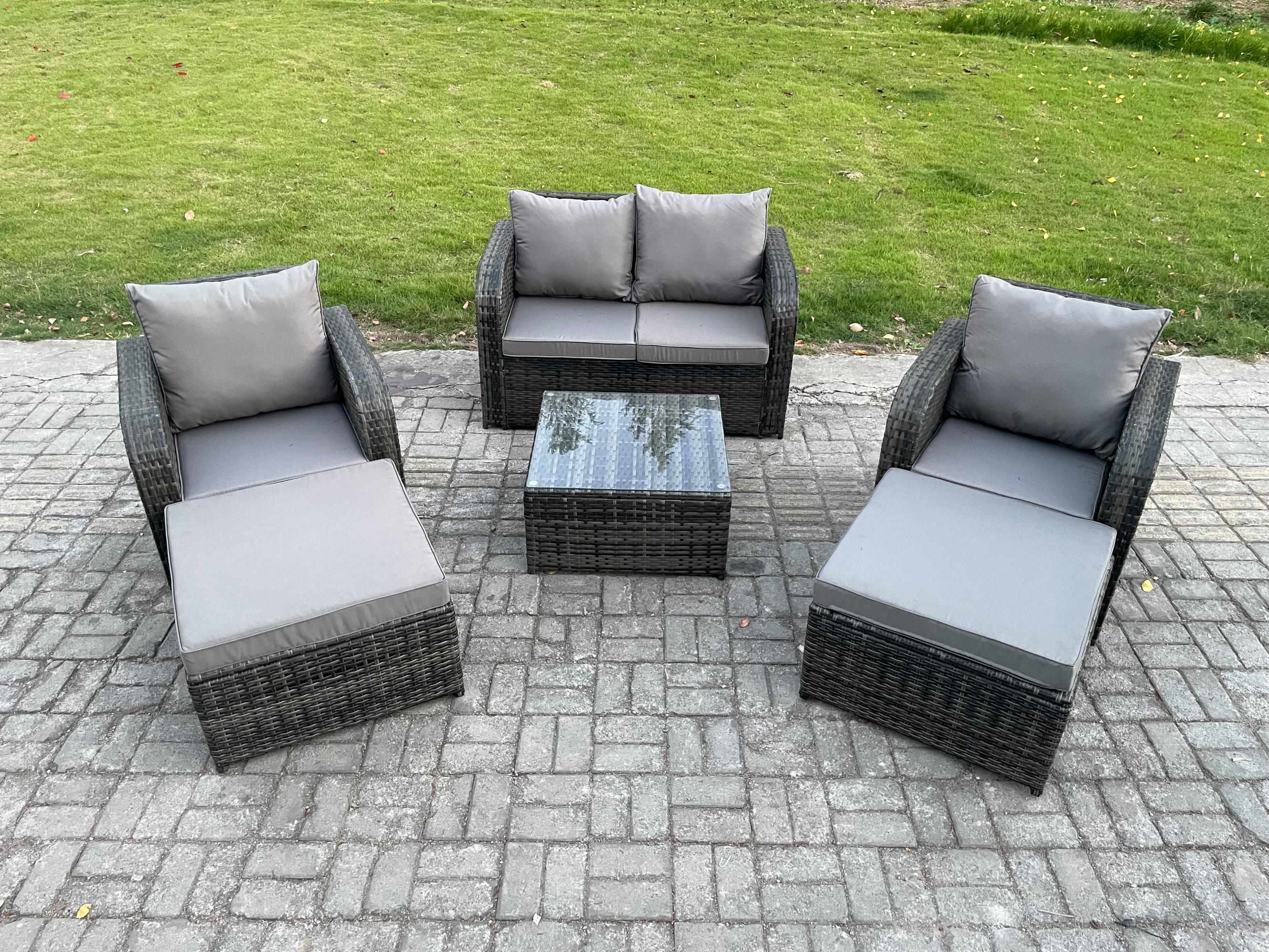 GARTENMÖBEL SET mit COUCHTISCH Polyrattan Dunkelgrau 6-Sitzer - Dunkelgrau/Grau, Glas/Kunststoff - Fimous