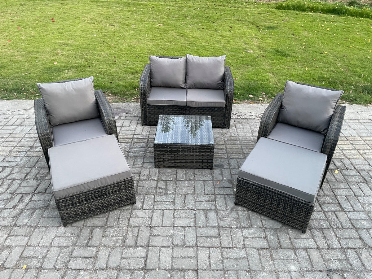 GARTENMÖBEL SET mit COUCHTISCH Polyrattan Dunkelgrau 6-Sitzer - Dunkelgrau/Grau, Glas/Kunststoff - Fimous