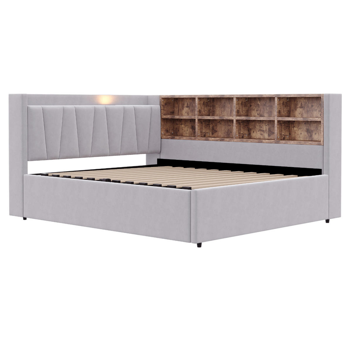 POLSTERBETT Schlafsofa aus Samt 140x200 cm Hellgrau mit hydraulischem Stauraum, Nachtlicht und USB-/Typ-C-Anschlüssen - Hellgrau, Textil (140/200cm) - Modfu