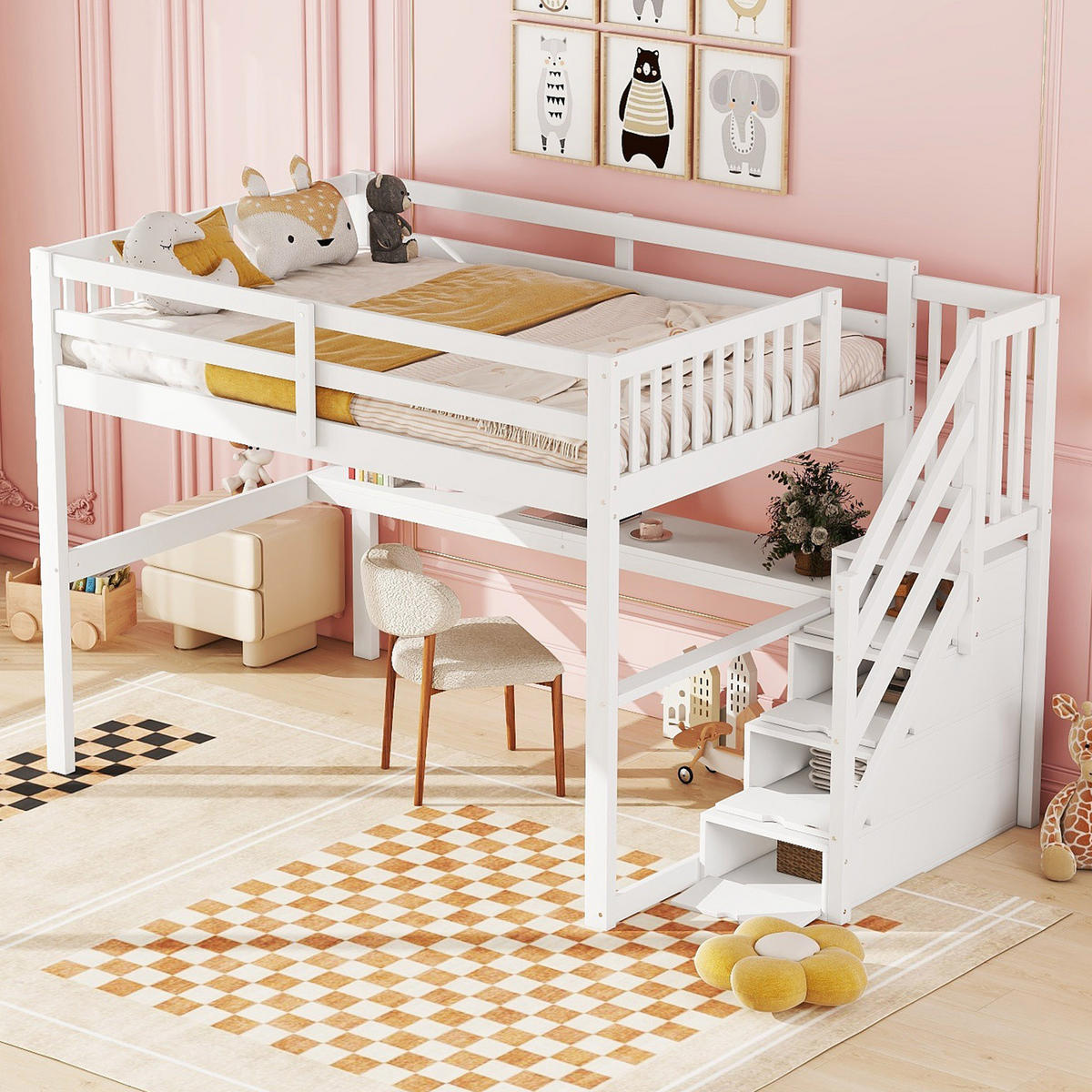 HOCHBETT 140x200cm Weiß Kinderhochbett Stauraumschubladen Schreibtisch - Weiß, Holz (140/200cm) - FLIEKS