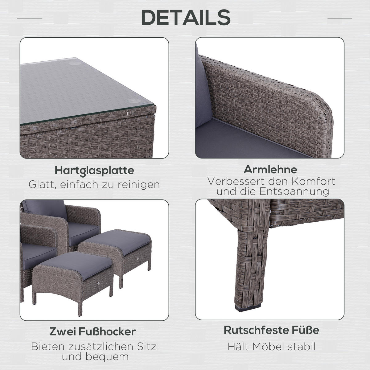 GARTENMÖBEL Set, Polyrattan, Dunkelgrau - Dunkelgrau, Metall - Outsunny