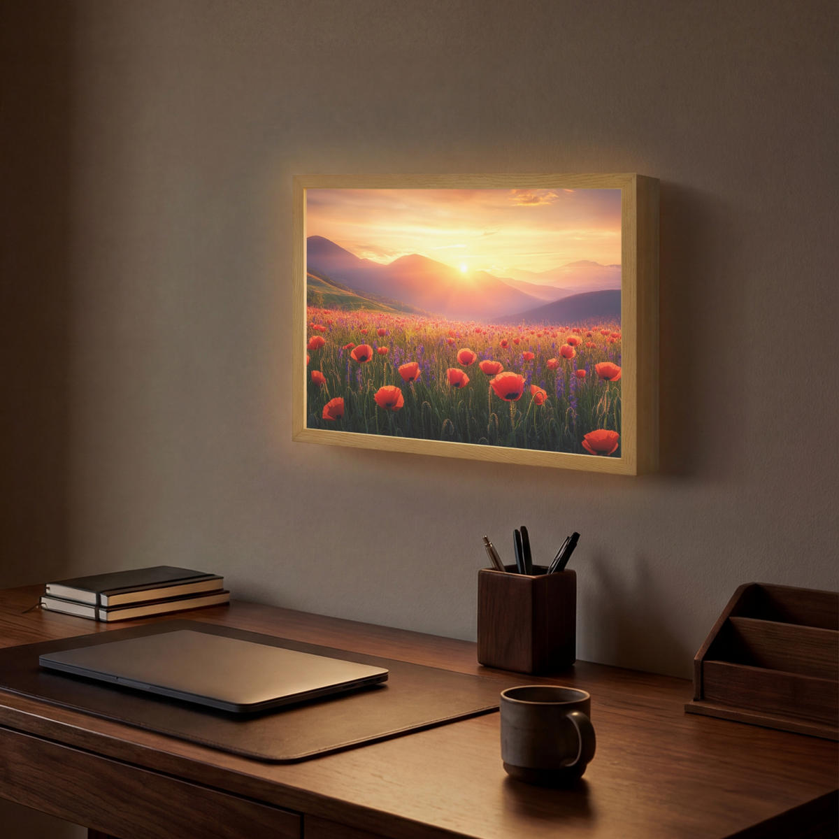 WANDLEUCHTE MIT AKKU Landschaft - Sonnenuntergang - Blumenfeld 40x30 cm - Rot, Holzwerkstoff (40/30/8cm) - OnlyWow