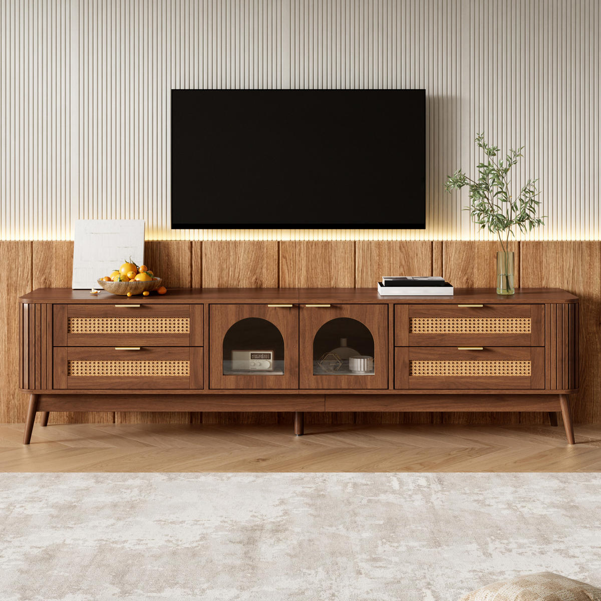TV-ELEMENT180X40X50CM Nussbaum mit App-LED-Beleuchtung und Glastüren - Walnussfarben, Holz (38.89/19.51/106.5cm) - Raelunyi