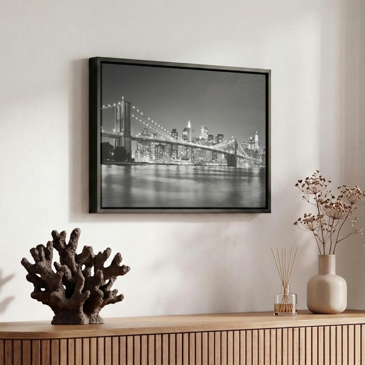 LEINWAND Bilder mit Rahmen - New York - Brücke - Brooklyn - Schwarz und weiß - Architektur - 30x20 - Schwarz, Textil (30/20cm) - MuchoWow