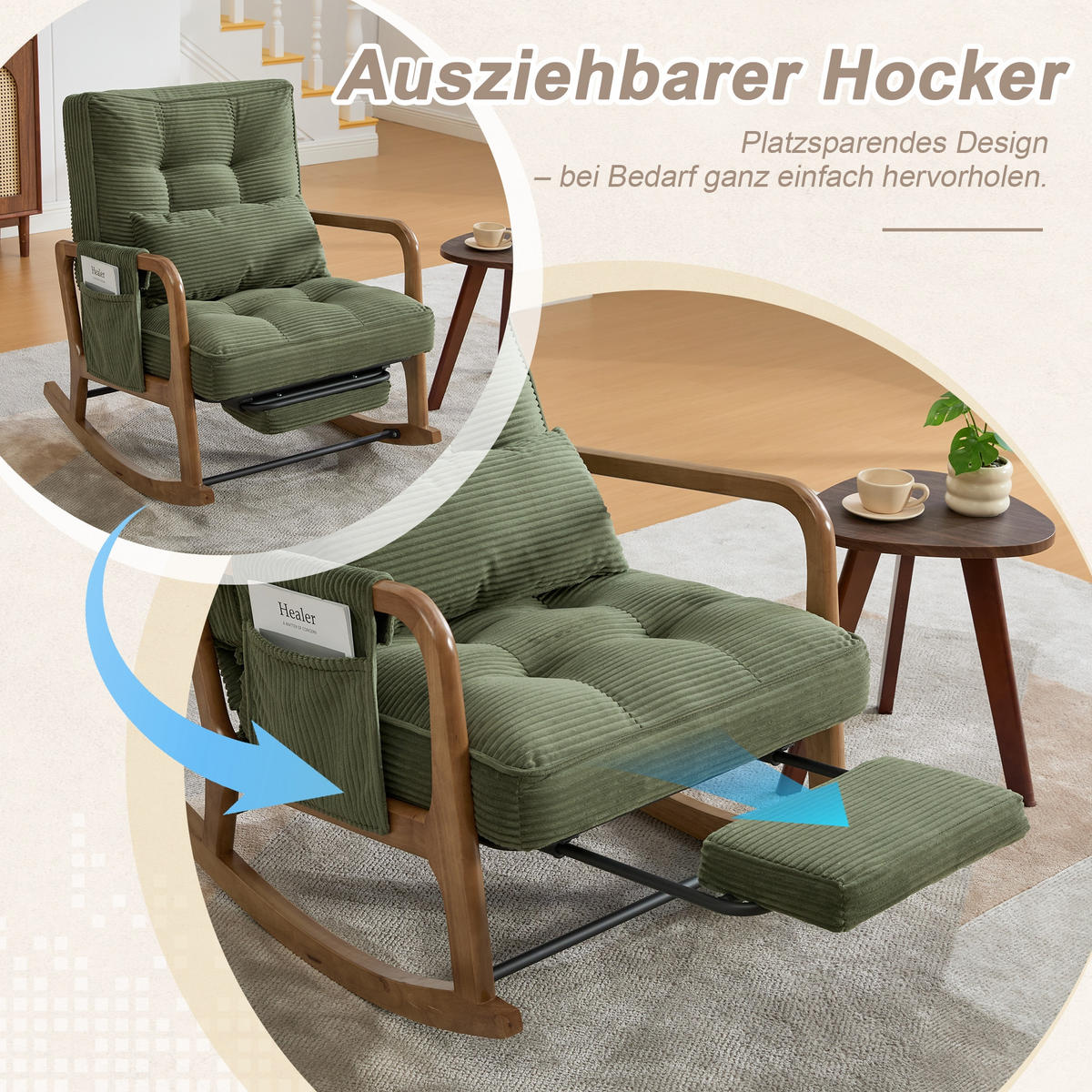 SCHAUKELSTUHL Grün Cord mit Fußstütze, Seitentaschen und verstellbarer Lehne - Grün, Textil (80/92/70cm) - Oxeza