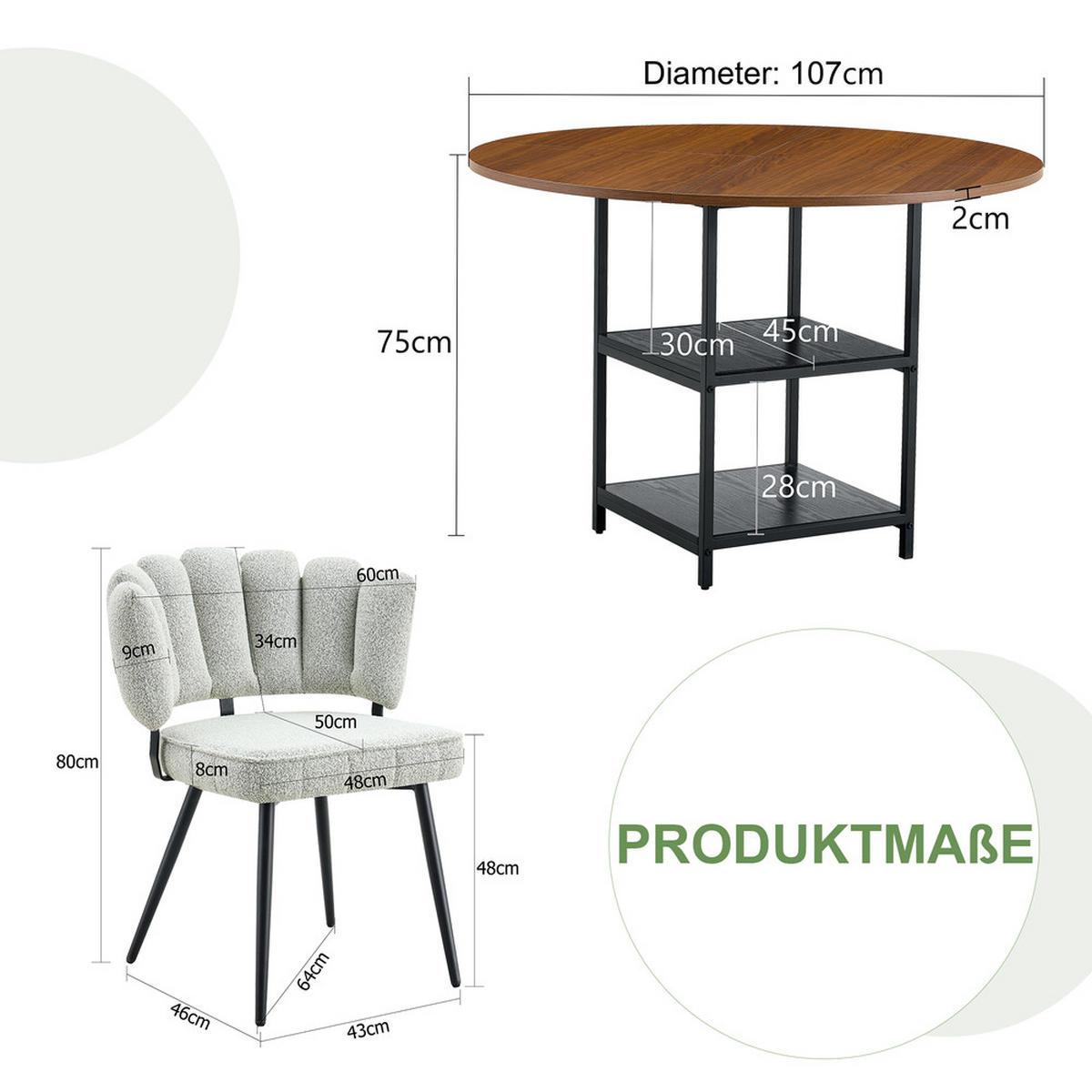 TISCHGRUPPE 3-tlg Rund 107 cm Nussbaum-Optik mit Stauraum - Grau, Metall (68/25/83.5cm) - Raelunyi