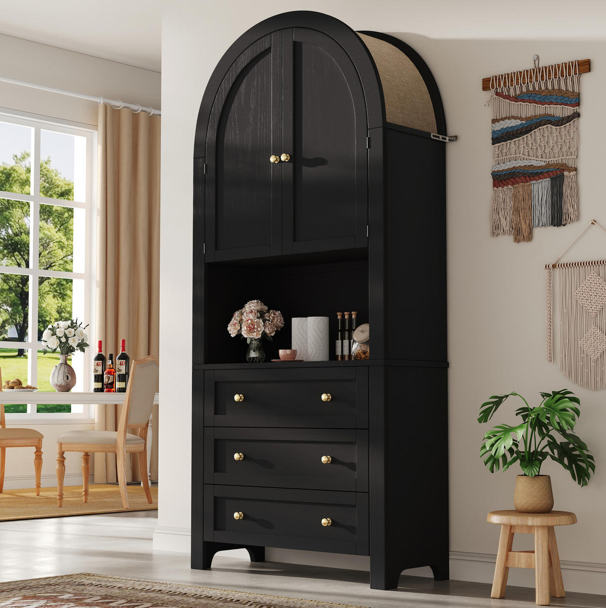 VYSOKÁ skříňka z MDF 70x35x180 cm černá se 3 zásuvkami, dvířky a otevřenou policí v obloukovém designu - černá, kompozitní dřevo (70/180/35cm) - Modfu