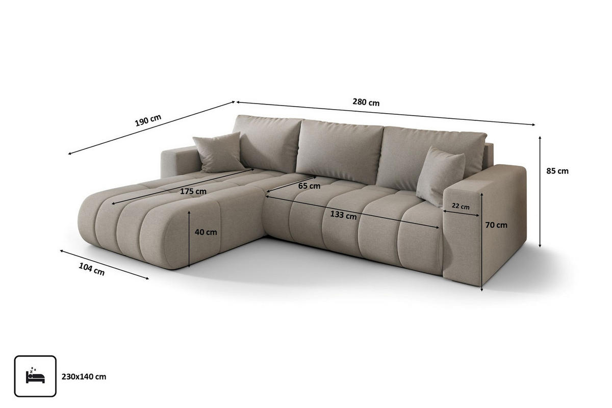 ECKSOFA mit schlaffunktion und bettkasten MILO PREMIUM, stoff WIND, Sandgrau, Links - Sandfarben, Holz (280/190cm) - Kaiser Möbel