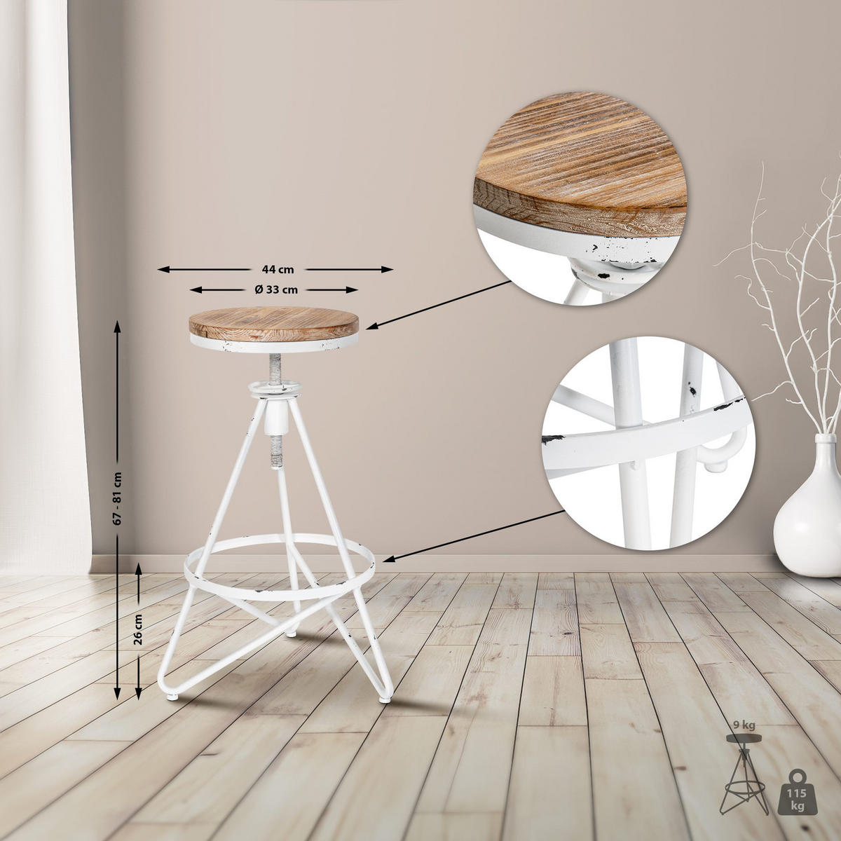 BARHOCKER Metall antik weiß - Weiß, Metall (44/67/44cm) - CLP