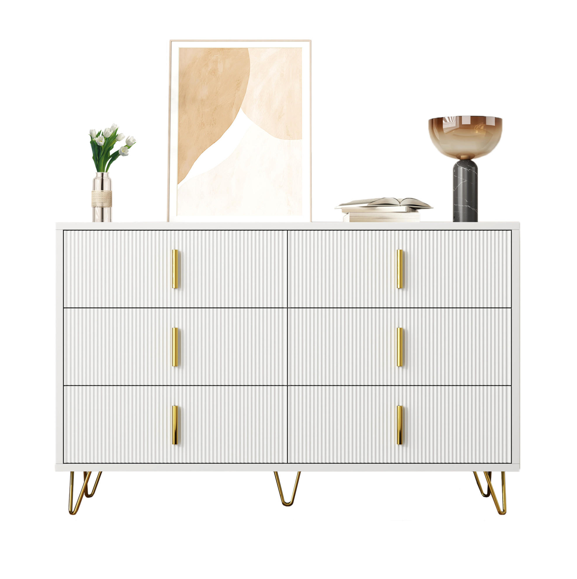 SIDEBOARD 120/77/40 cm in Weiß/Gold mit 6 Schubladen - Weiß, Holzwerkstoff (120/77/40cm) - Flora Grace