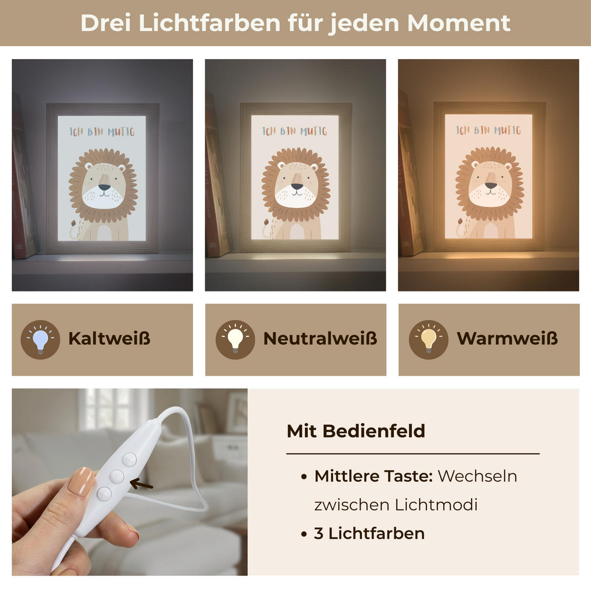 WANDLEUCHTE Löwe - Beige - Tier - Mutig - Zitat 15x20 cm - Beige, Holzwerkstoff (15/20/8cm) - OnlyWow