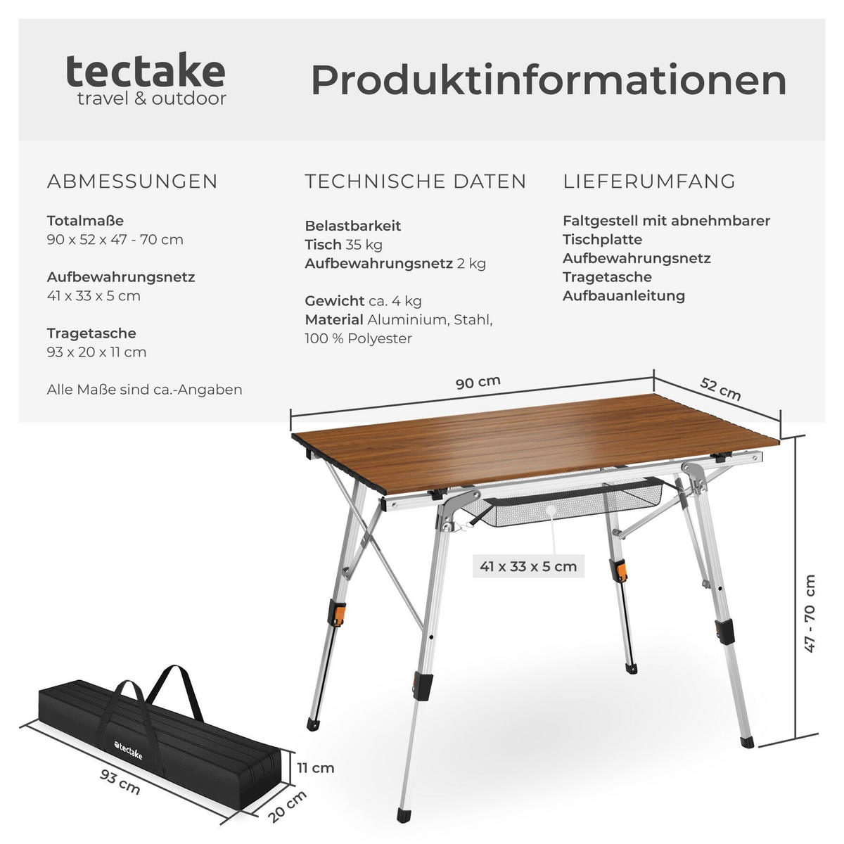 CAMPINGTISCH aus Aluminium Tina, 90 x 52 x 47 - 70 cm, Holzoptik - Braun, Metall (90/52/70cm) - tectake