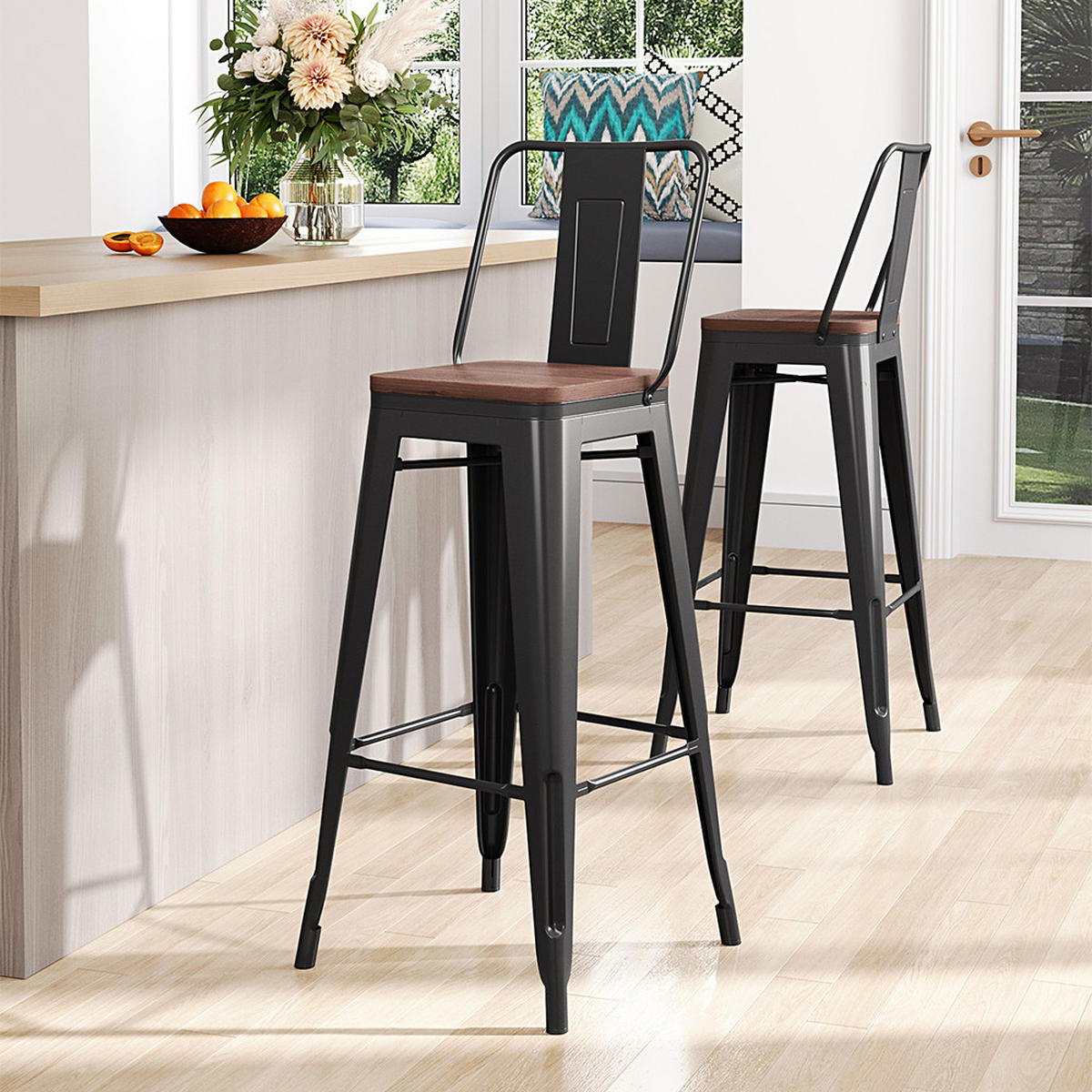 BARHOCKER 4er-Set Metallgestell Rückenlehne Braun - Dunkelbraun/Schwarz, Holz/Metall (43/105/43cm) - Livingandhome