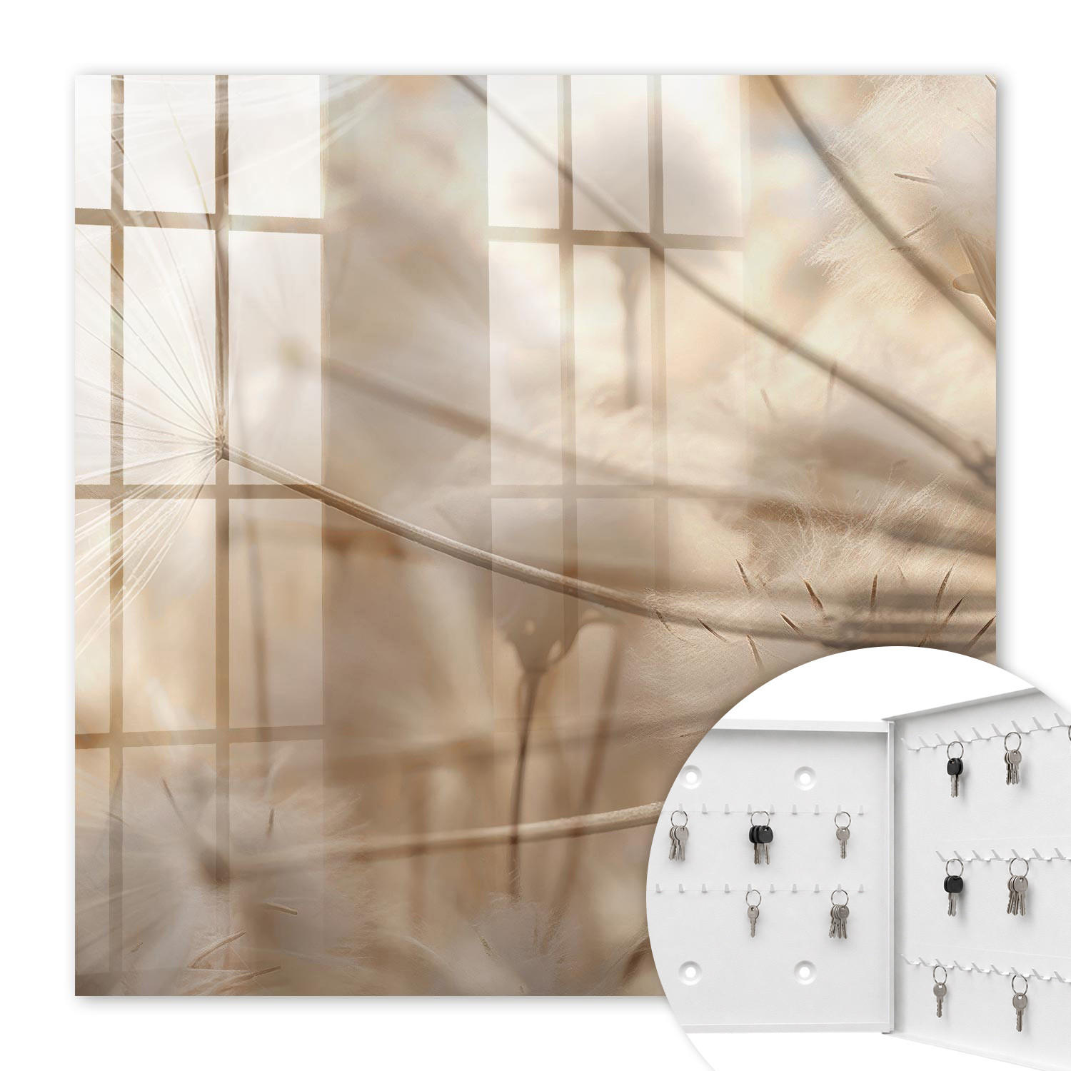 SCHLÜSSELBOX Weiß 30x30 cm – Türöffnung nach rechts - Beige Löwenzahn - Beige, Metall (30/30/5cm) - TULUP