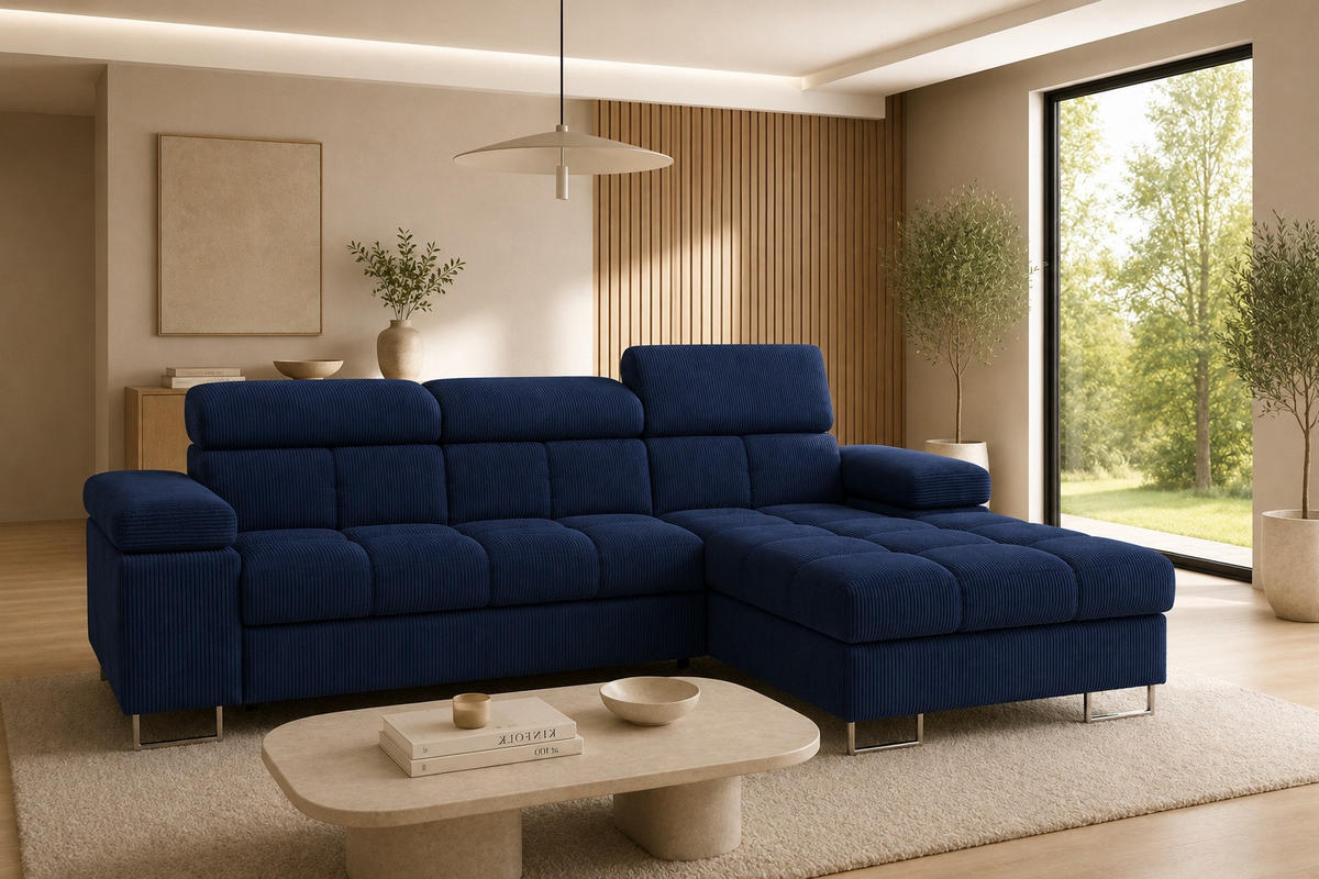 ECKSOFA COMODO Rechts mit Schlaffunktion & Bettkasten Marineblau - Dunkelblau, Textil (271/203cm) - KS Home Concept