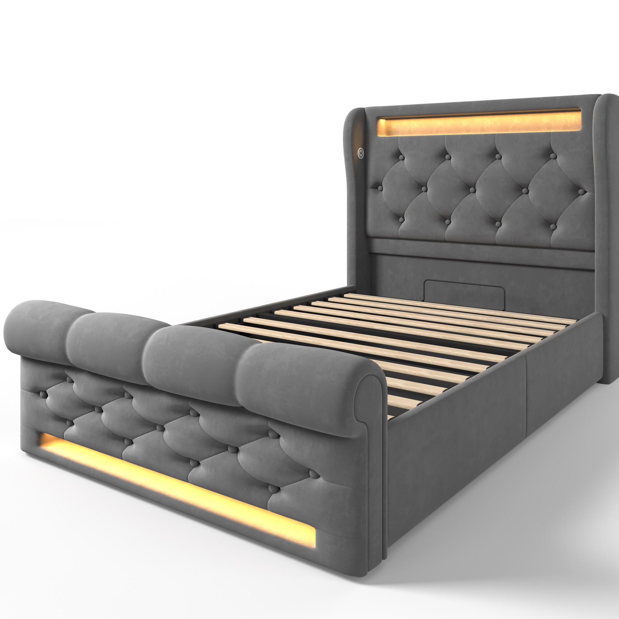 ČALOUNĚNÁ postel z sametu 90x200 cm šedá s LED osvětlením, USB a USB-C nabíjecí stanicí a hydraulickým úložným prostorem - šedá, textil (90/200cm) - Modfu