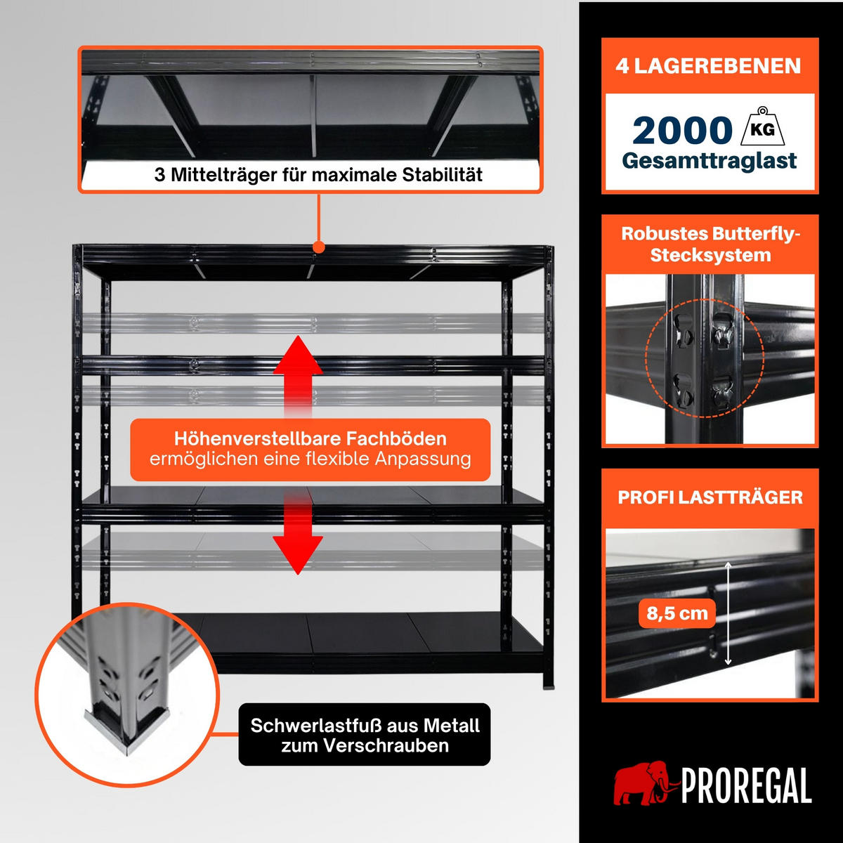 SCHWERLASTREGAL Rhino 180x200x60 cm 4 Stahlplatten-Ebenen Fachlast 500 kg Schwarz - Schwarz, Metall (200/180/60cm) - PROREGAL