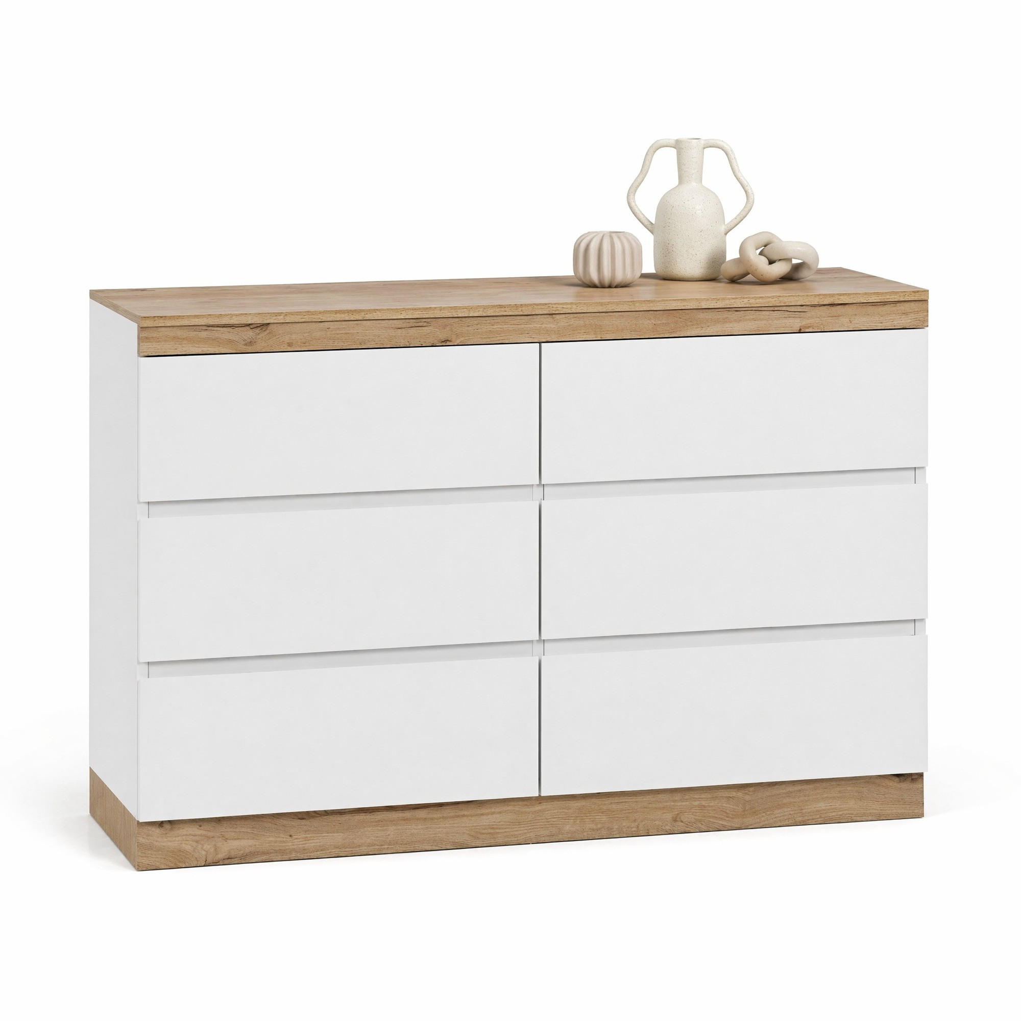 SIDEBOARD in Weiß und Eiche Kommode mit 6 Schubladen und Schließfach für Schlafzimmer und Wohnzimmer, B110/T40/H67.5cm - Eichefarben/Weiß, Holzwerkstoff/Metall (110/67.5/40cm) - STILVORA