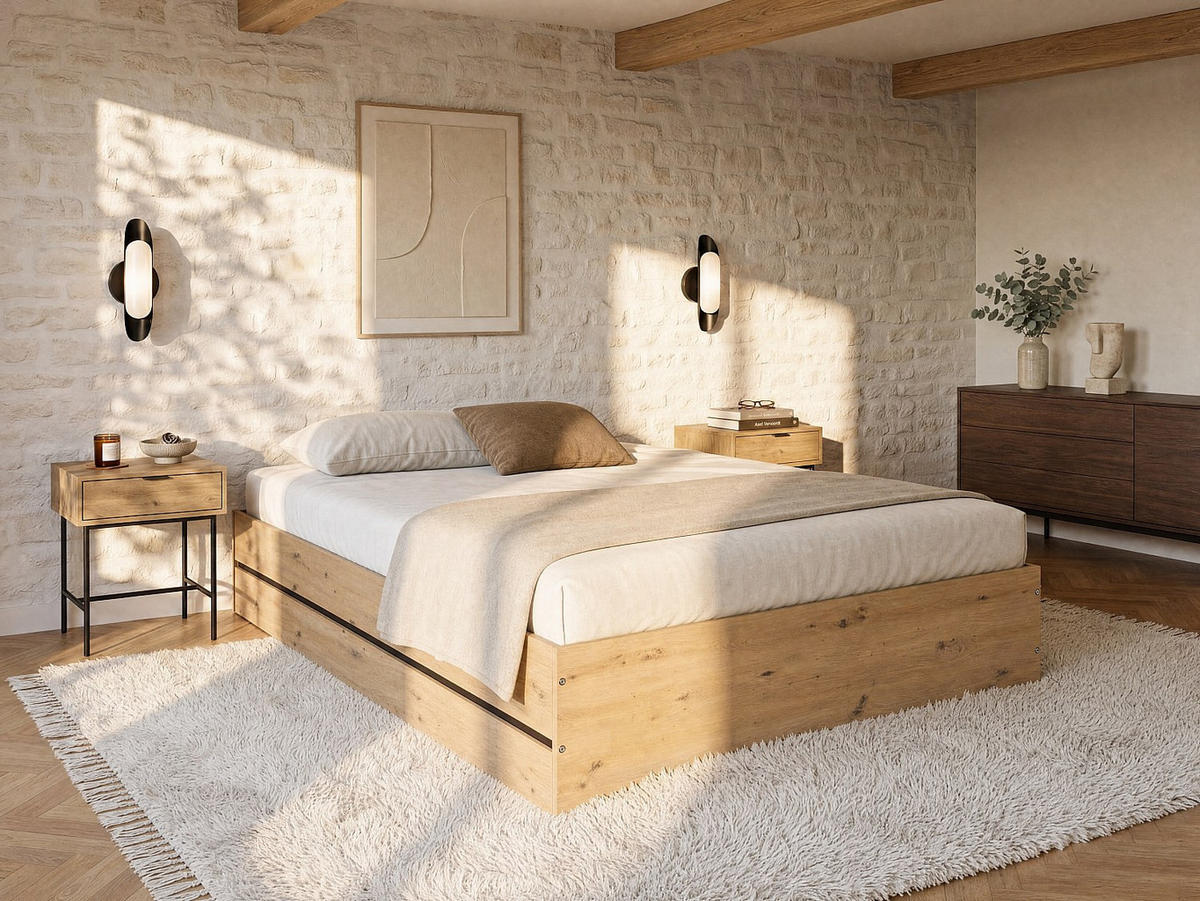 BETT mit Bettkasten - 2 Personen - Holz, Platte - Schwarz, Naturfarben Hell - Schwarz/Naturfarben, Holz (140/190cm) - Vente-Unique