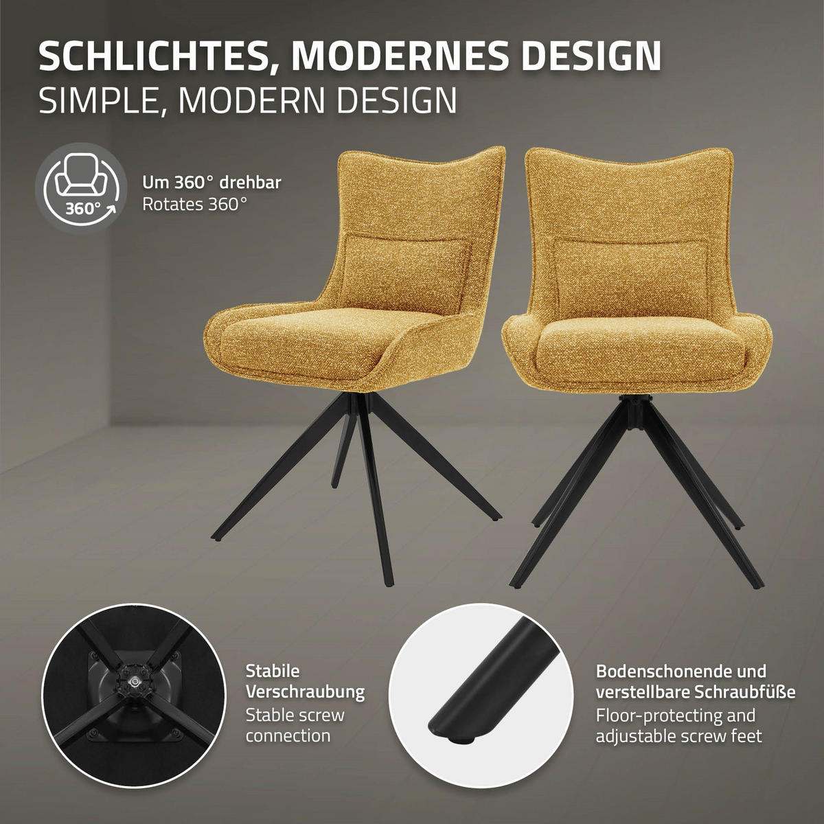 ESSZIMMERSTUHL drehbar Küchenstuhl gepolstert mit Webstoff-Bezug Senf - Dunkelgelb/Schwarz, Textil/Metall (54/90/64cm) - ML-DESIGN
