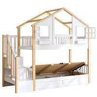 ETAGENBETT 90/200 cm Weiß + Naturholz mit LED-Beleuchtung, Treppe mit Stauraum und hydraulischen Staufächern - Weiß, Holz (90/200cm) - Oxeza
