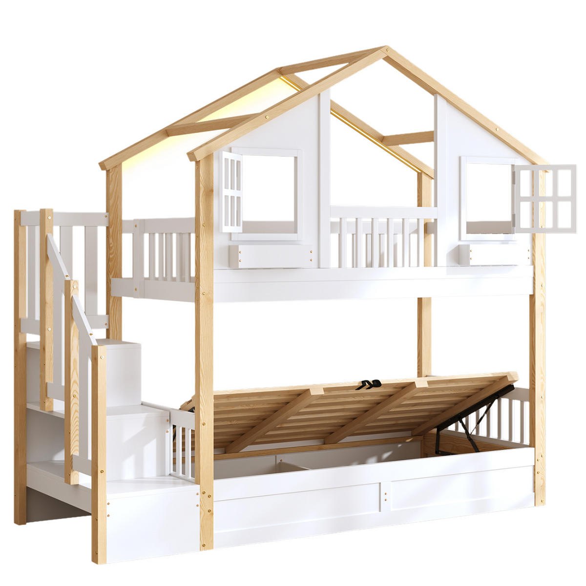 HAUSBETT 90/200 cm aus Kiefer mit Stauraumtreppe und LED-Beleuchtung - Weiß, Holzwerkstoff (90/200cm) - BEAOK