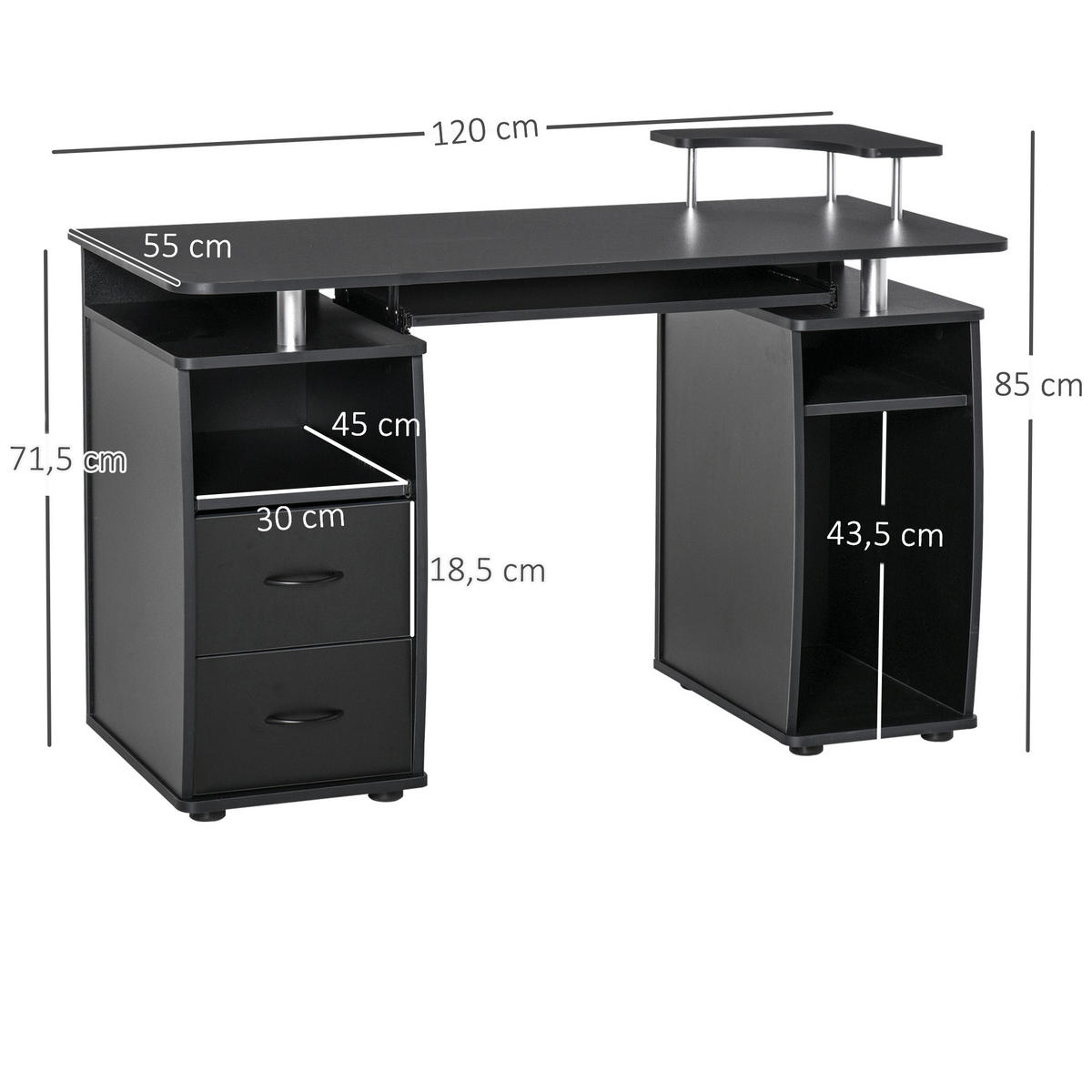 COMPUTERTISCH DE-14960 Schwarz - Schwarz, Holzwerkstoff (55/120/85cm) - ComfortXL
