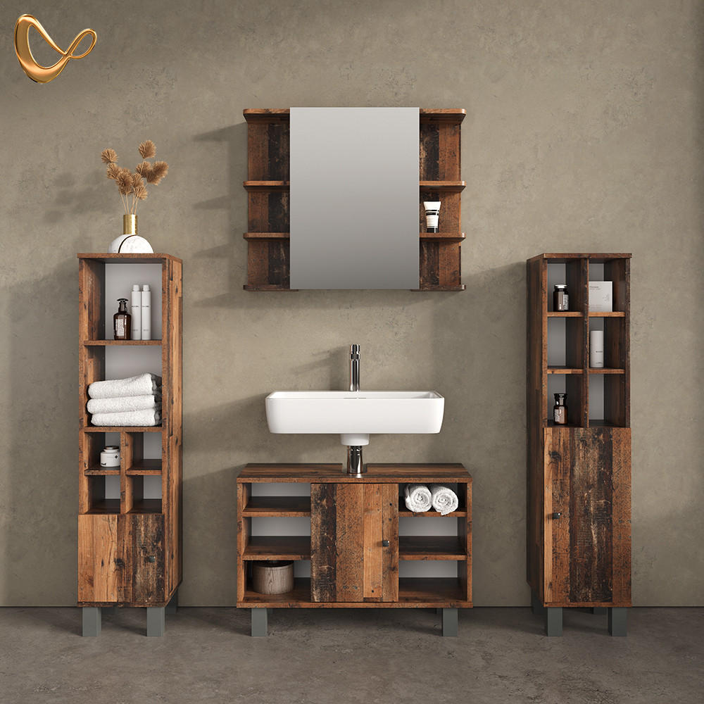 BADMÖBEL-SET Fucino Eiche rustikal 4 Teile, mit Midischränke - Wildeiche, Holzwerkstoff (60/54/32cm) - Livinity®