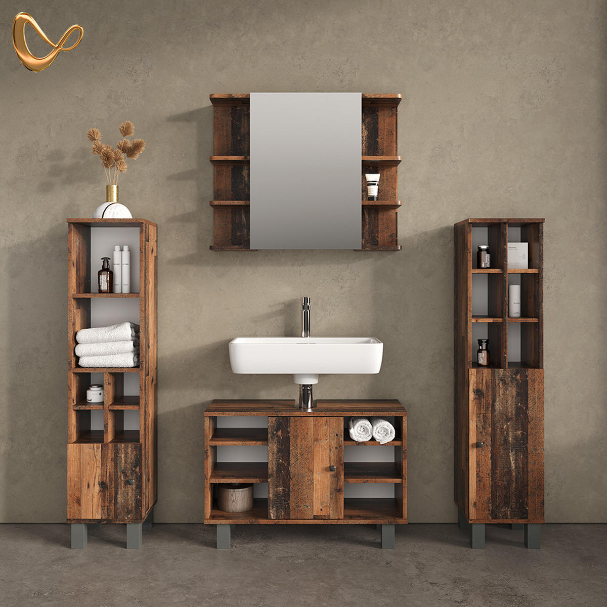 BADMÖBEL-SET Fucino Eiche rustikal 4 Teile, mit Midischränke - Wildeiche, Holzwerkstoff (60/54/32cm) - Livinity®