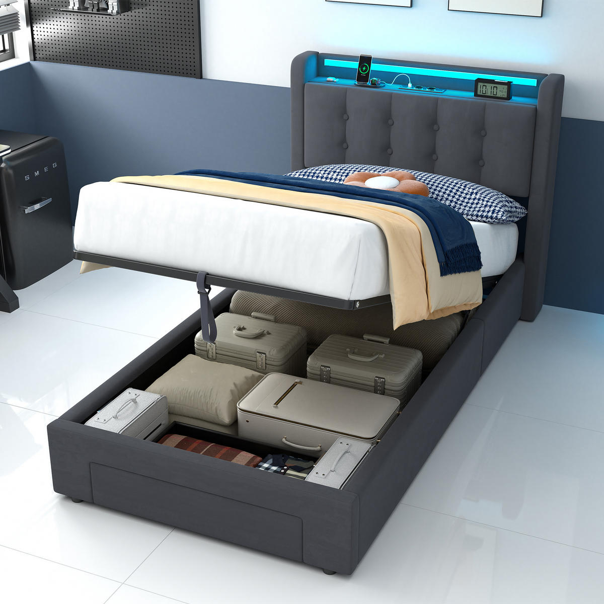 POLSTERBETT 90x200 cm in Dunkelgrau Samt mit Bettkasten, Schubladen und USB/LED-Beleuchtung, Einzelbett - Dunkelgrau, Holzwerkstoff/Textil (90/200cm) - CHICFURN