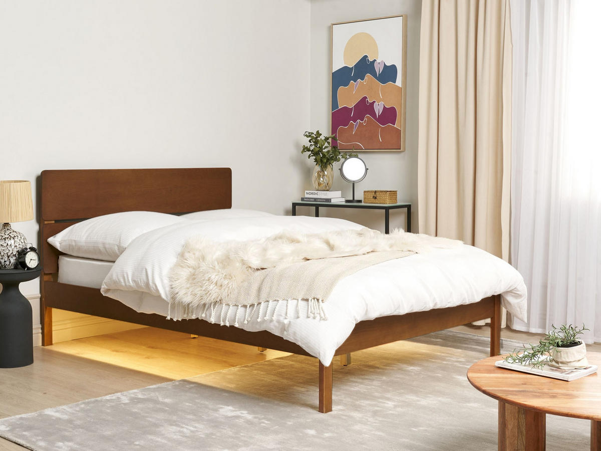 POSTEL s LED 140/200 cm Kaučukovníkové dřevo Hnědá Boisset - hnědá, dřevo (140/200cm) - Beliani