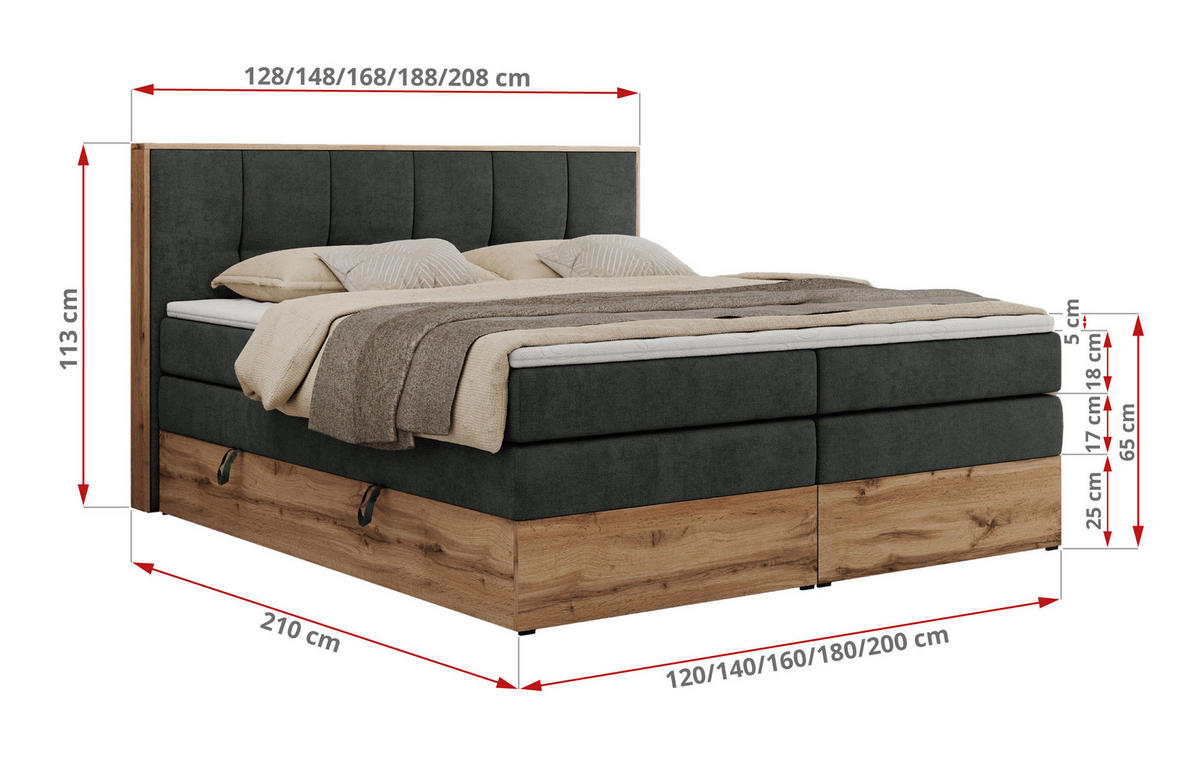 BOXSPRINGBETT ALBERO 1 KING 120/200 Dunkelgrau Strukture - H3 - Dunkelgrau, Holz/Textil (120/200cm) - MKS