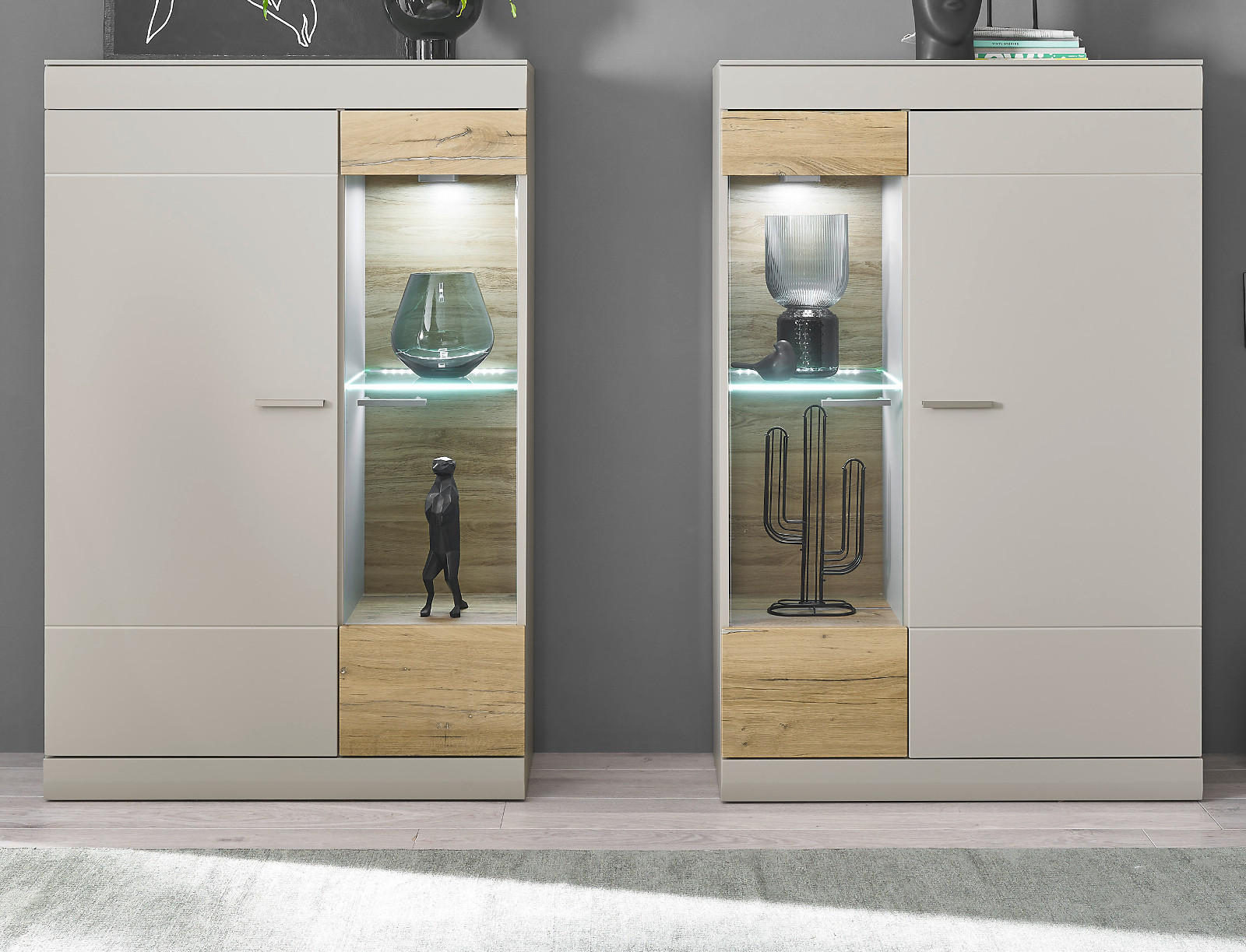 SCHRANK-SET 2-teilig grau matt, Zinneiche 190, Wohnkombination 2 x Vitrine mit Soft-Close - Eichefarben/Silberfarben, Glas/Holzwerkstoff (190/170/35cm) - Furn.Design