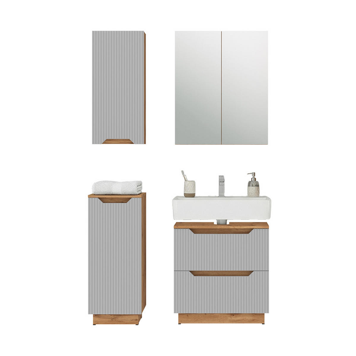 BADMÖBEL-SET Lotta Eiche/grau gestreift 4 Teile - Eichefarben/Grau, Holzwerkstoff (59.8/62.5/32cm) - Vicco