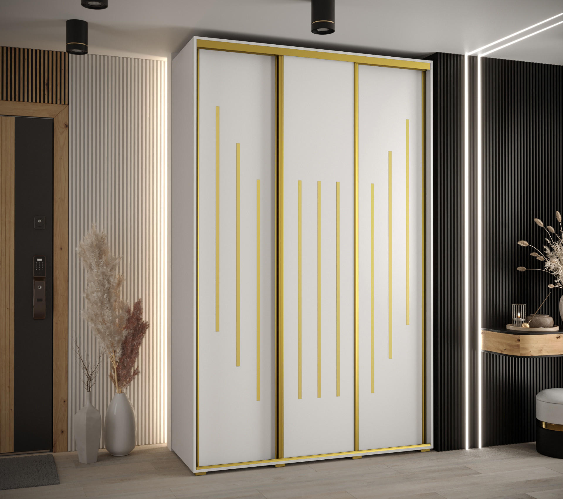 SCHWEBETÜRENSCHRANK 235,2/160/60 3-türig - Goldfarben/Weiß, Holz/Metall (160/235/60cm) - Abiks Möbel
