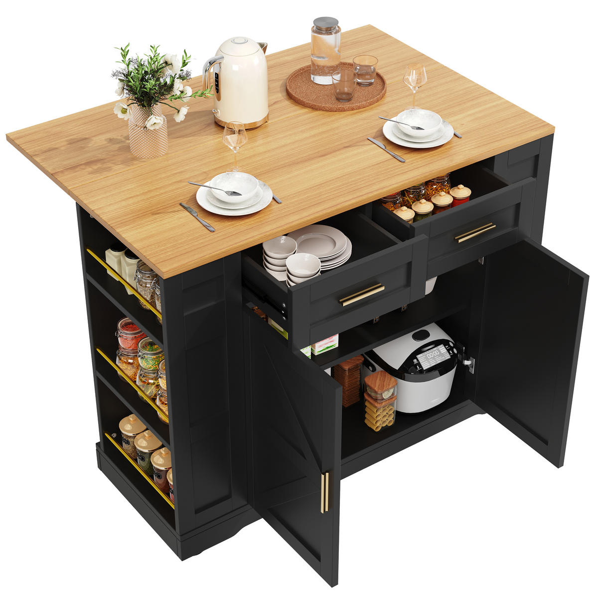 KÜCHENINSEL KLAPPBARER ESSTISCH mit Stauraum, MDF-Metall, Schwarz-Holzoptik, Skandinavisches Design, 120/65/90 cm - Schwarz, Kunststoff (46/18.49/88.01cm) - Rolipo