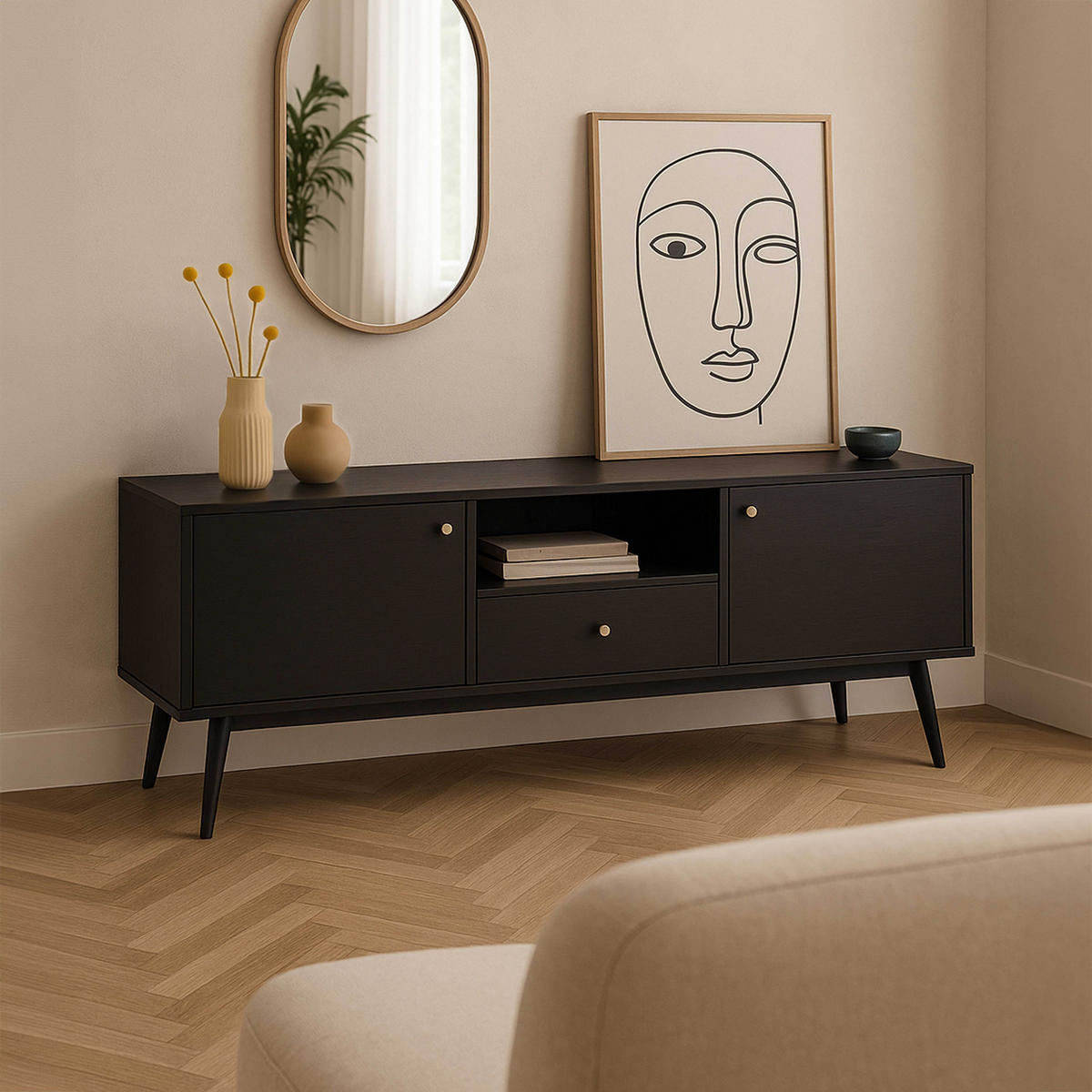 TV-SCHRANK 150 cm, Schwarz - Schwarz, Holz (40/55/150cm) - Oviala