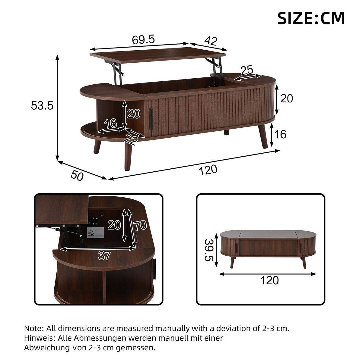 COUCHTISCH 120/50/39,5 cm höhenverstellbar mit verstecktem Stauraum und Rolltüren, Nussbaum - Nussbaumfarben, Holzwerkstoff (120/50/39.5cm) - Modfu