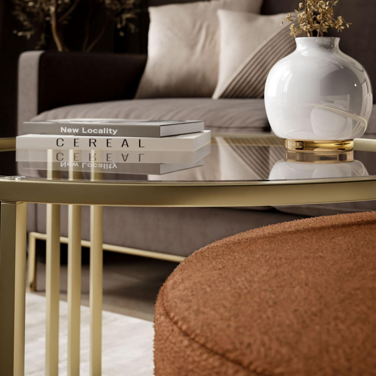 COUCHTISCH mit Hocker LORI GLASS gebürstetes Gold/transparentes Glas/Perfect Harmony 52 - Transparent, Metall (70/70/49cm) - Lookway