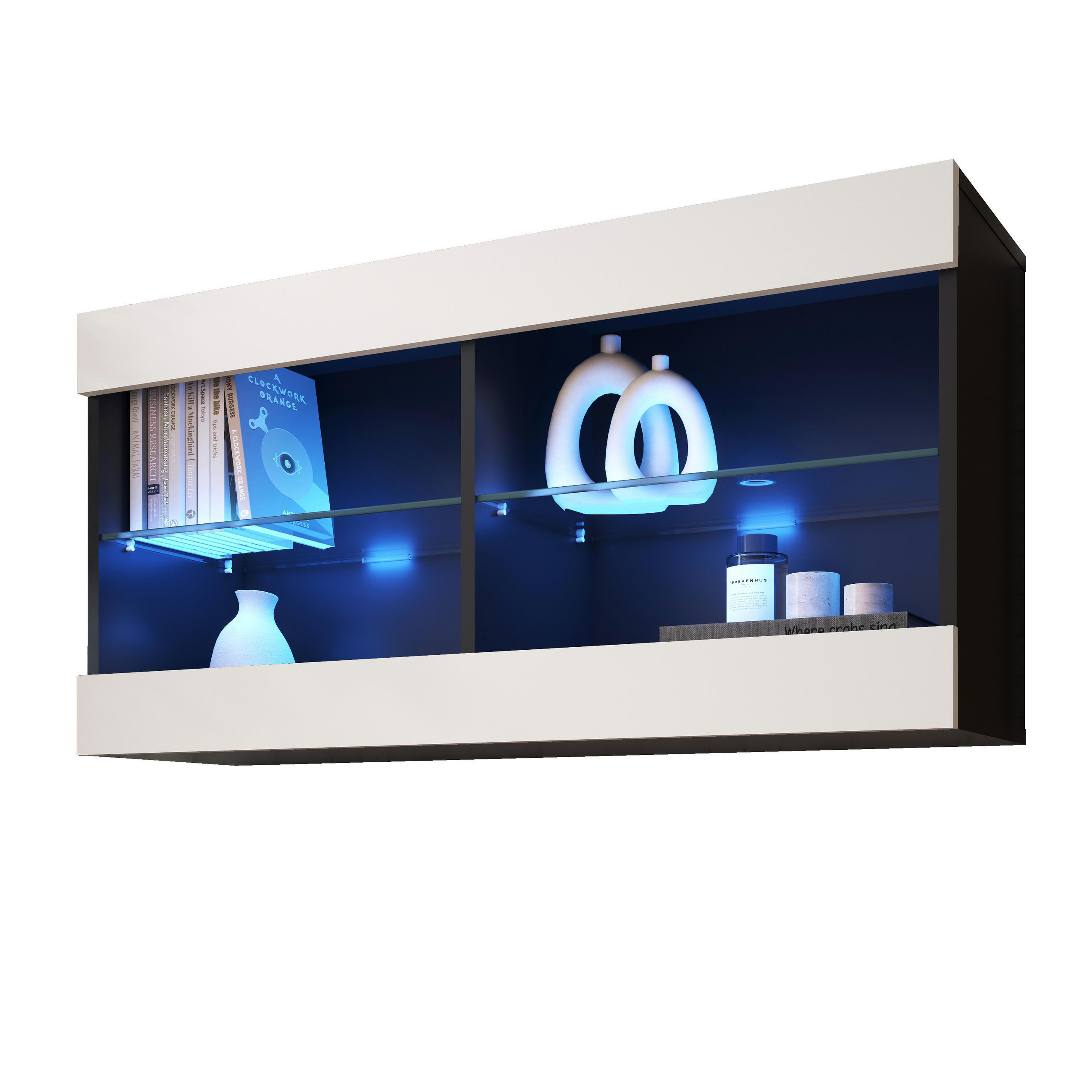 HÄNGEVITRINE TIVOLI HORIZONTAL 100, Weiss, LED Blau - Schwarz/Weiß, Glas/Holzwerkstoff (100/50/29.5cm) - Komodee