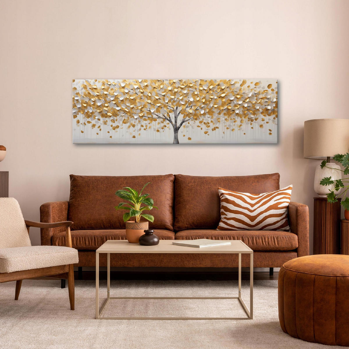 BILDER Abstrakt Baum Gold Modern Wohnzimmer 145x45 - Multicolor, Holzwerkstoff (145/45cm) - Wallarena