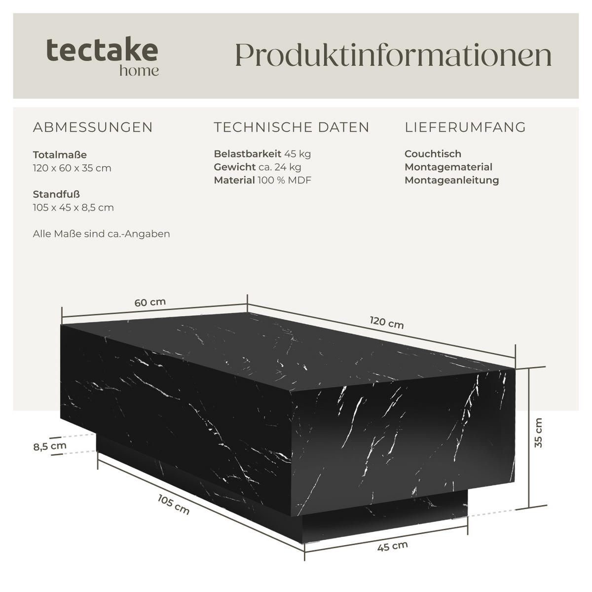 COUCHTISCH Lasley,inkl. Bodenschoner, Belastbarkeit 45 kg,Marmor Optik schwarz - Schwarz, Holz (60/120/35cm) - tectake