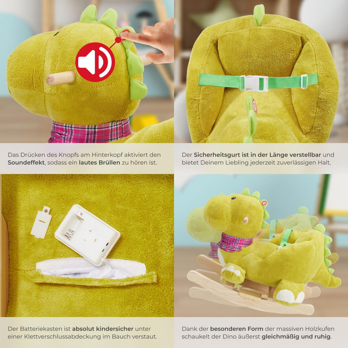 SCHAUKELTIER Dinosaurier ,massive Holzkufen, ab 12 Monaten geeignet,grün - Grün, Textil (35/50/70cm) - tectake