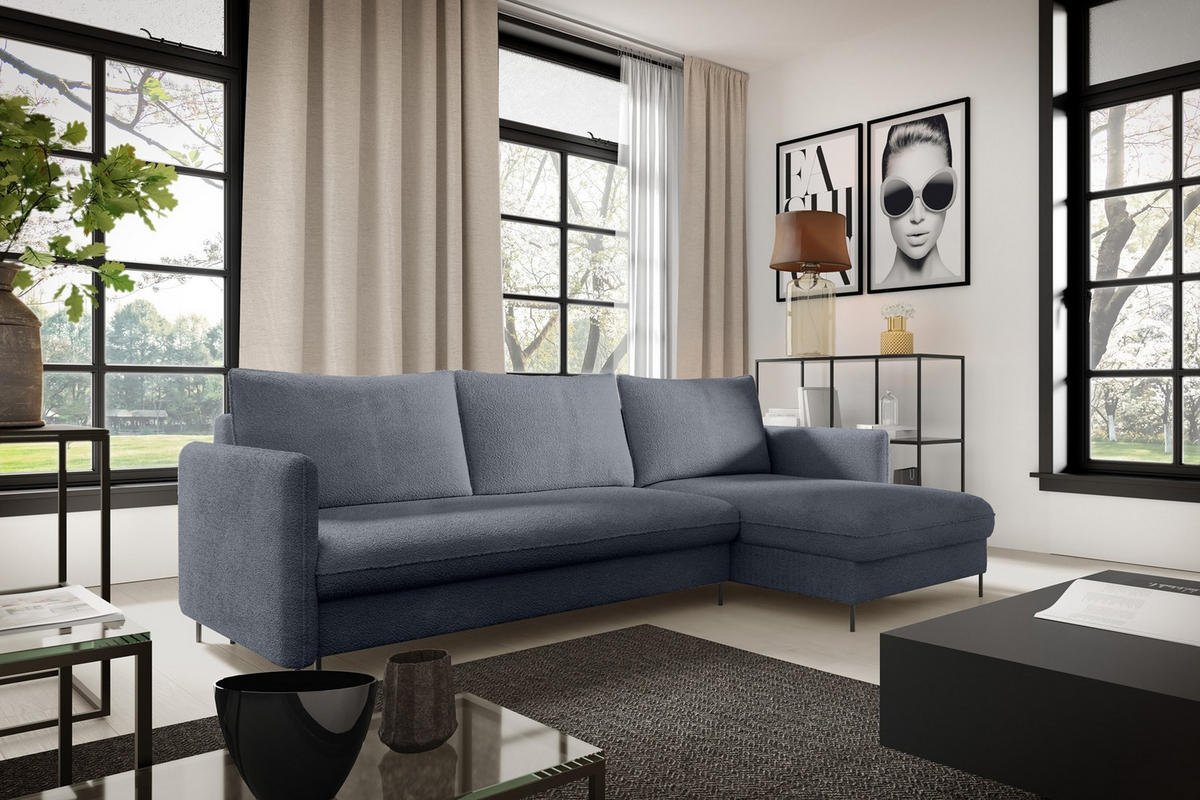 ECKSOFA Belis Boucle in Dunkelblau, Schlafsofa - Dunkelblau, Holzwerkstoff/Textil (216/165cm) - Bettso
