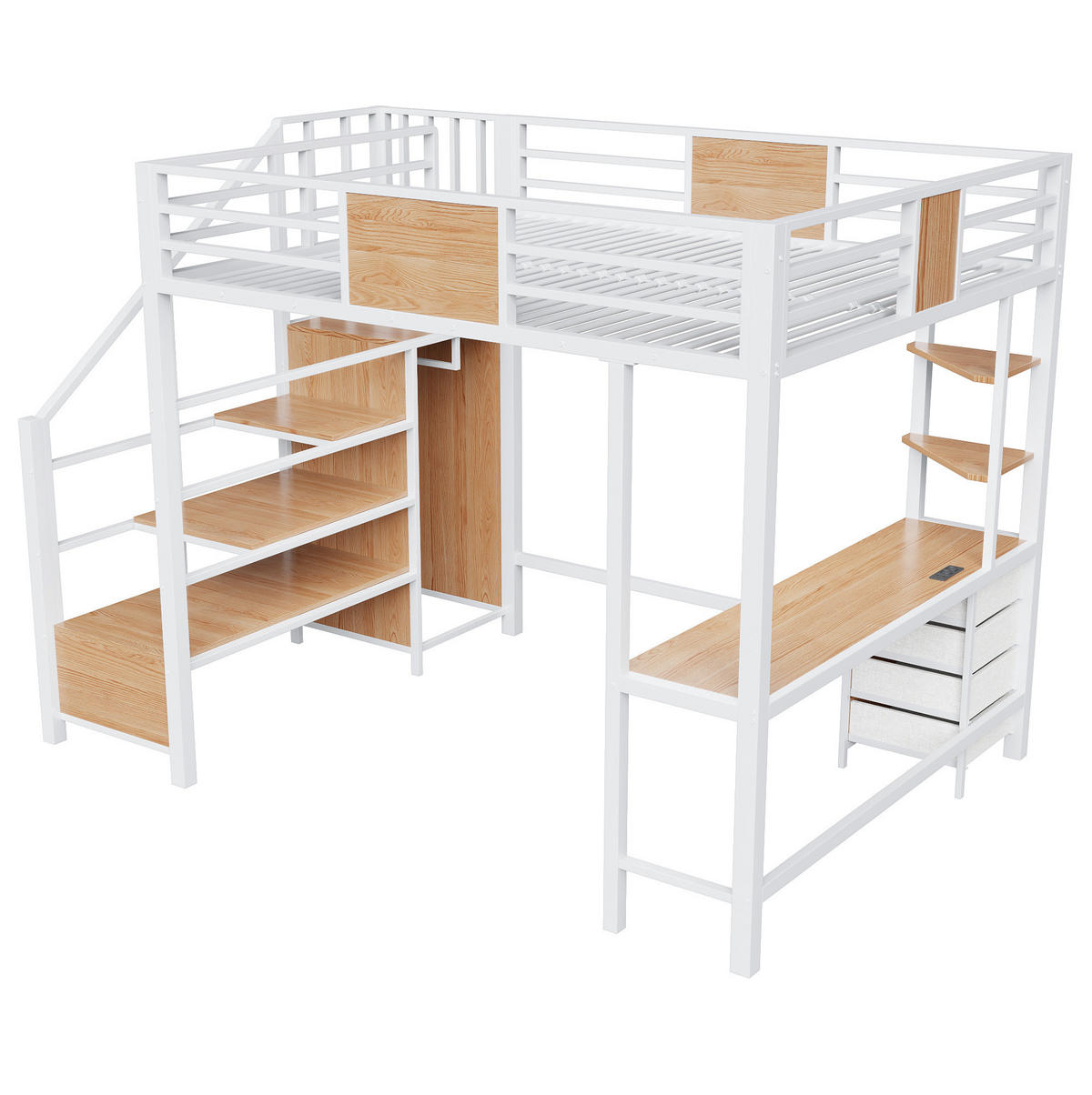 HOCHBETT 140/200 cm aus Metall mit Schreibtisch, Stauraum, LED und Steckdose, Weiß - Weiß, Metall (140/200cm) - OKMYHOME
