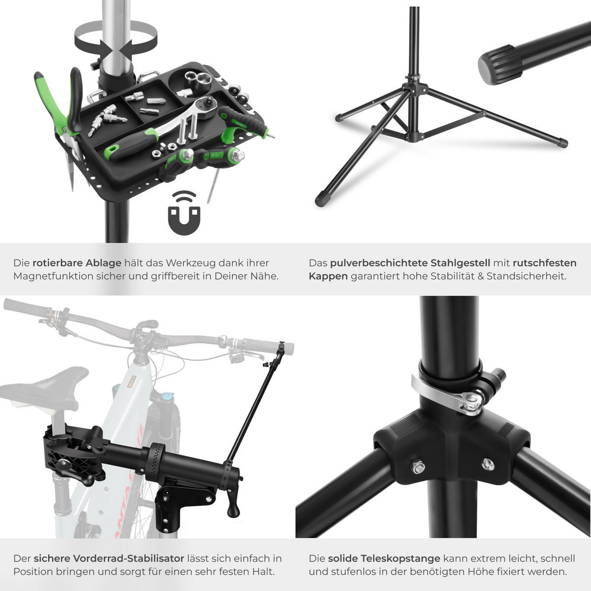 FAHRRADMONTAGESTÄNDER Tristan,inklusive Vorderrad-Stabilisator,schwarz - Schwarz, Textil (120/180/138cm) - tectake