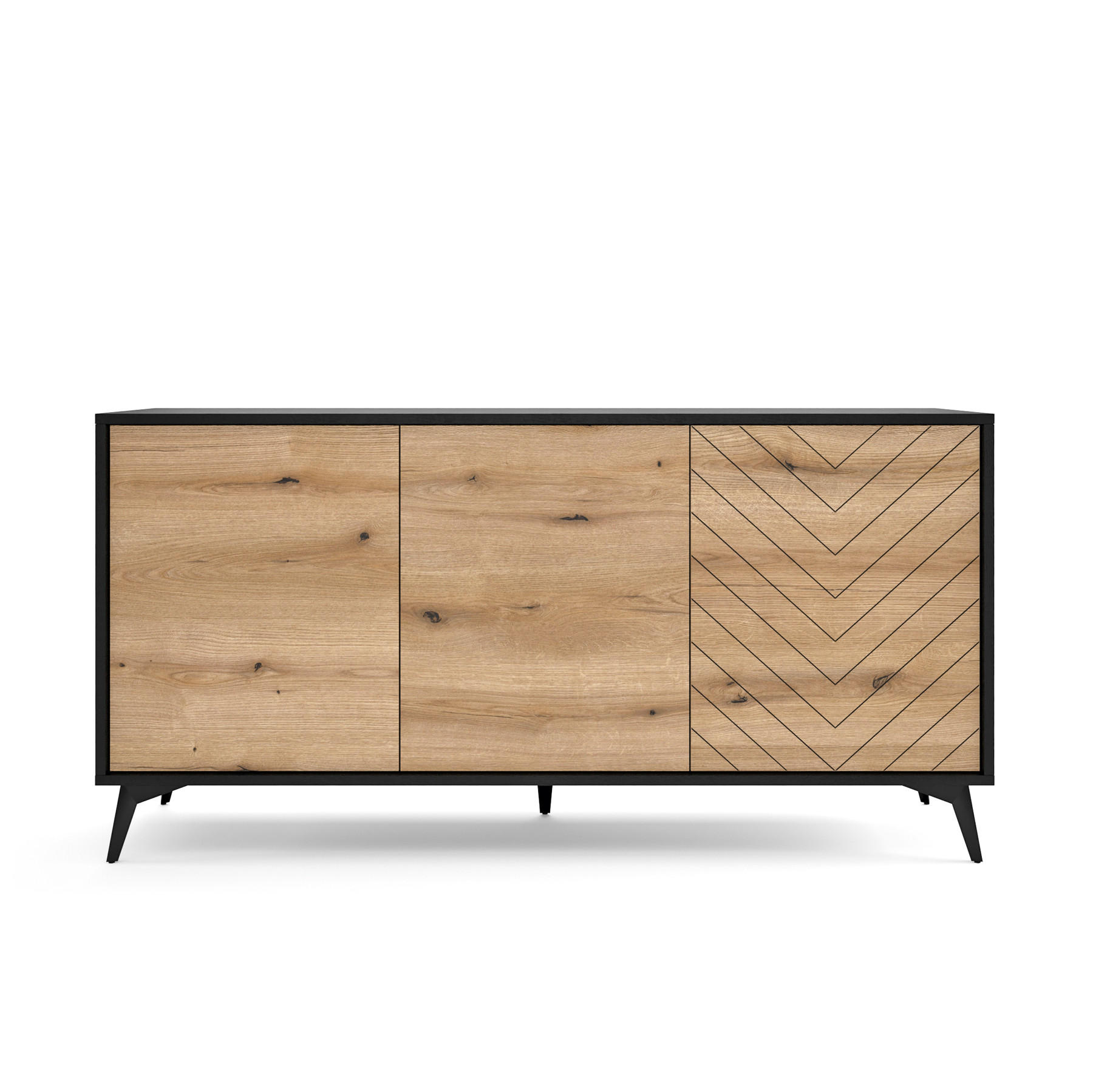 SIDEBOARD Boulia Schwarz mit Fischgrätfronten in Eiche 154 cm - Eichefarben/Schwarz, Holzwerkstoff/Metall (154/77/39cm) - Selsey