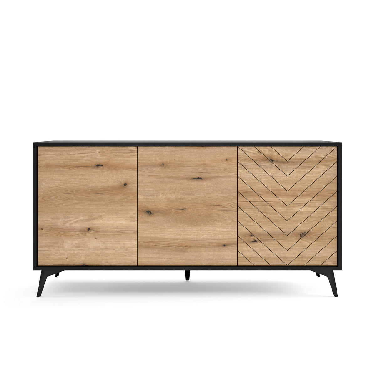 SIDEBOARD Boulia Schwarz mit Fischgrätfronten in Eiche 154 cm - Eichefarben/Schwarz, Holzwerkstoff/Metall (154/77/39cm) - Selsey