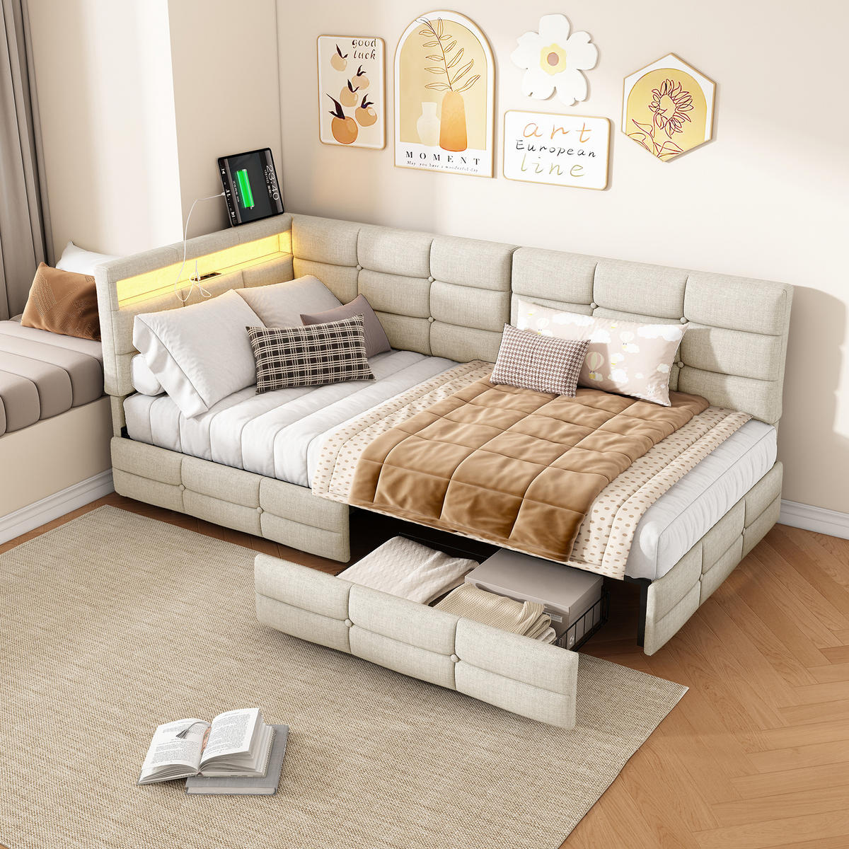 POLSTERBETT 90/200 cm Beige mit Schublade und LED-Beleuchtung - Beige, Holz (90/200cm) - SHOPENTRA